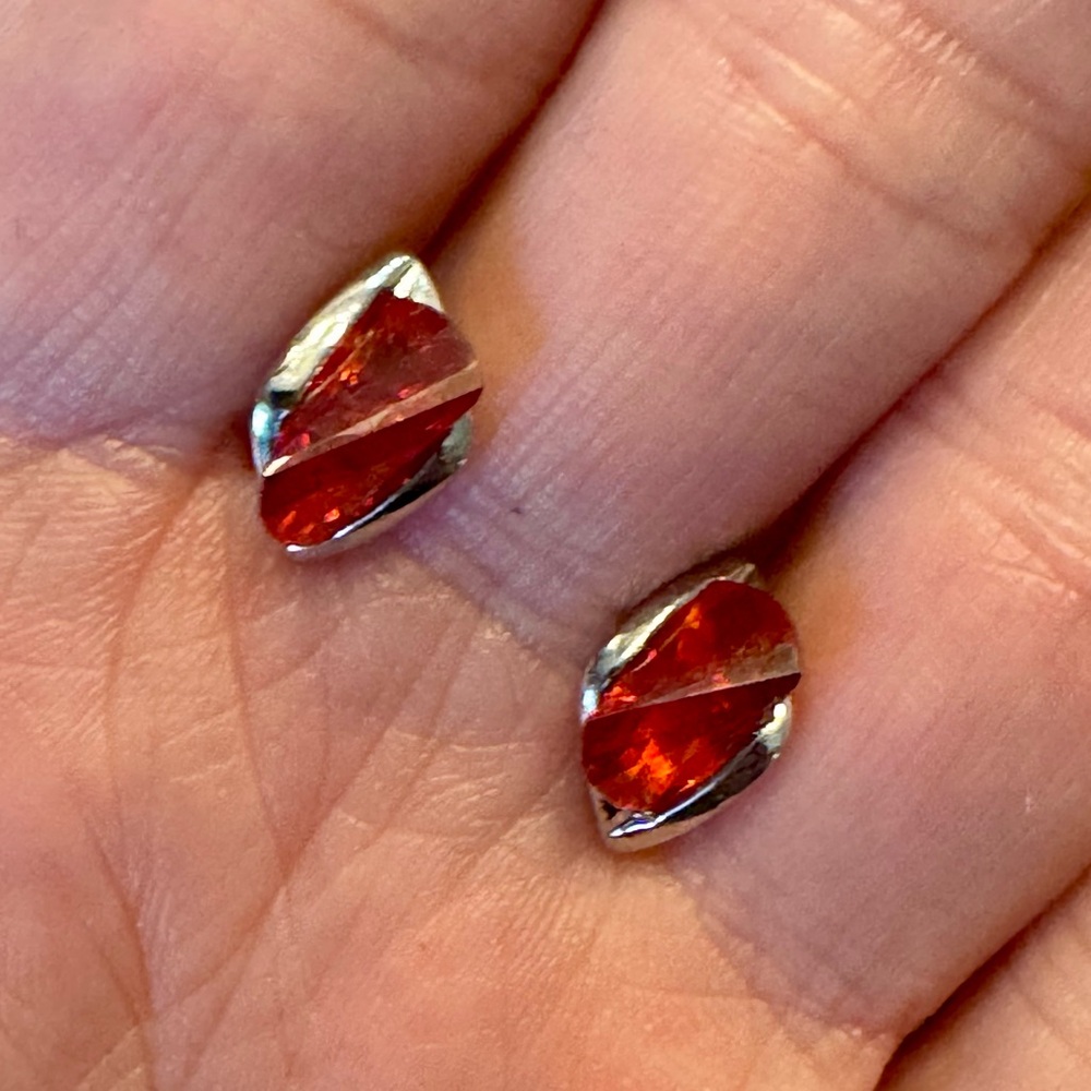 Vintage Burnt Orange Faceted Crystal Stud Earrings Silver Designer Style Elegant